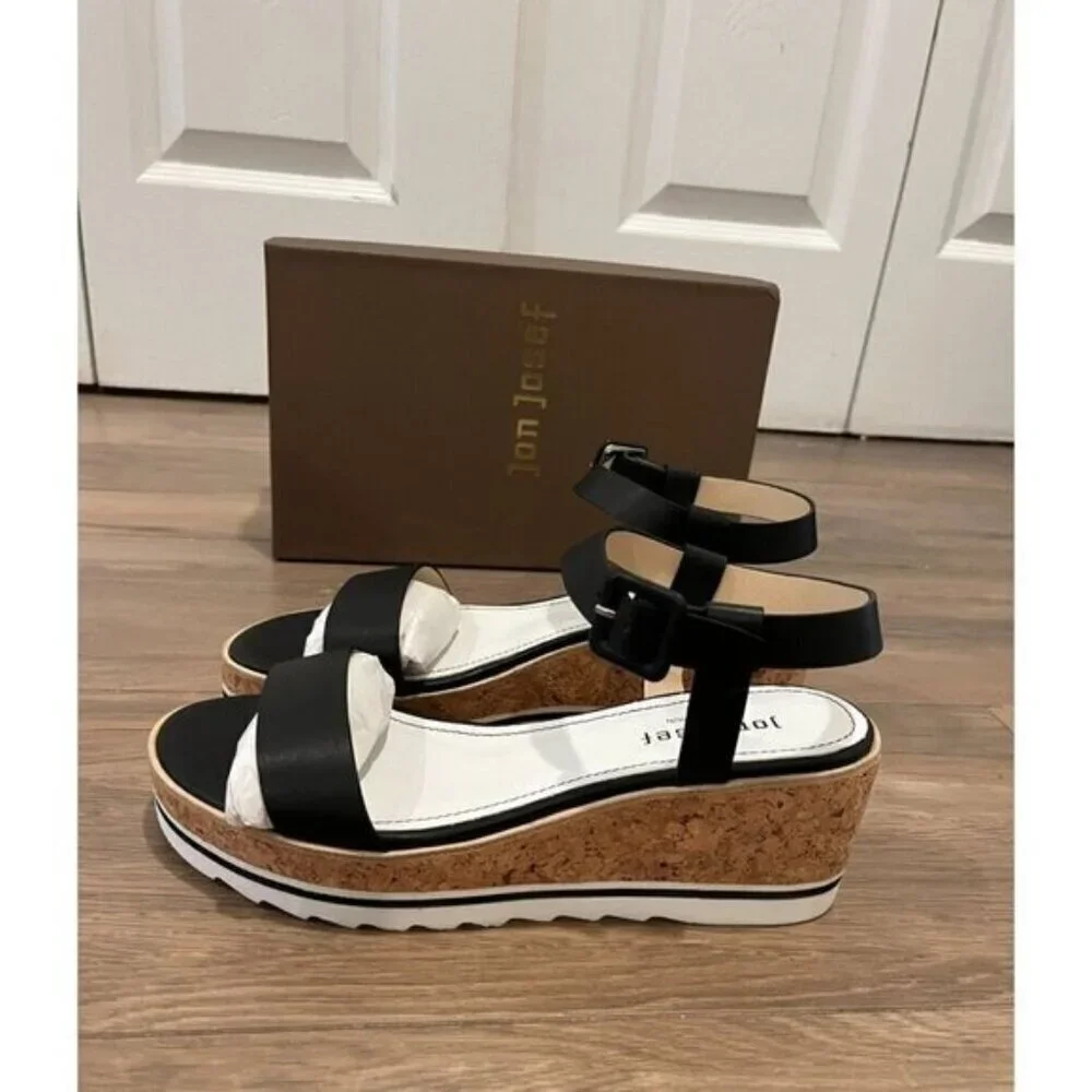 NWT Anthropologie Jon Josef Black Leather Cork Wedge Sandals Size 9